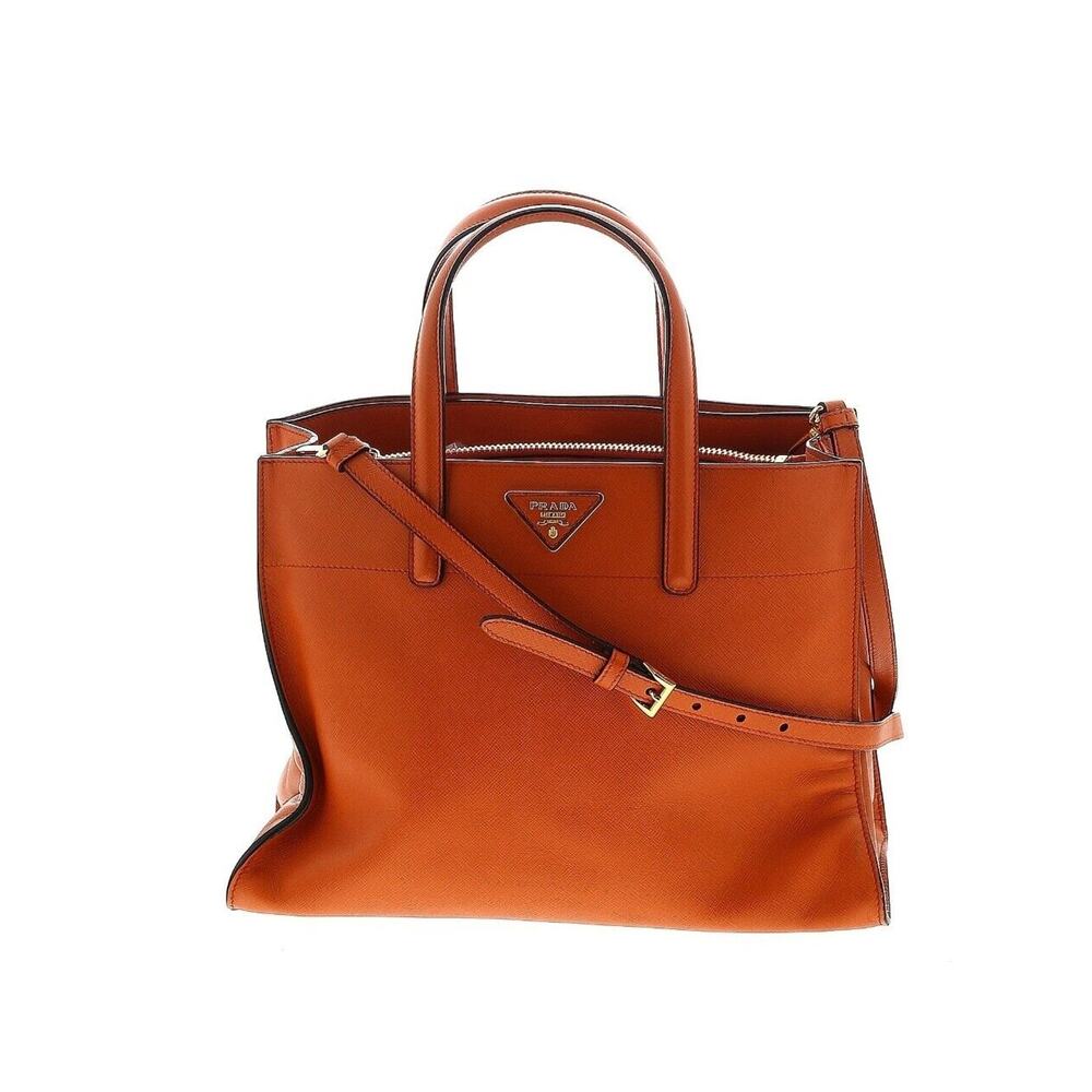 Prada Womens Orange Saffiano Leather Triple Pocket Convertible Tote Bag 13x10 In